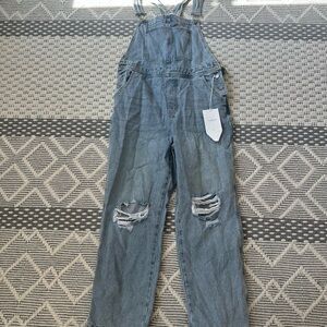 Blue Denim Overalls with Distressed Details